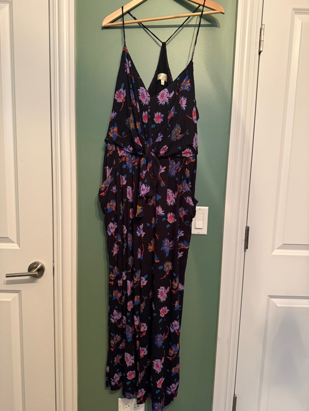 Anthropologie Black Floral Spaghetti-Strap Jumpsuit